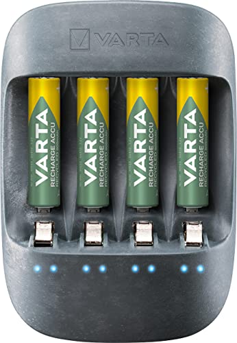 Varta caricabatterie ricaricabili 57680101421, realizzato con 50% di materiale bioplastico, 4 batterie ministilo AAA da 800 mAh incluse