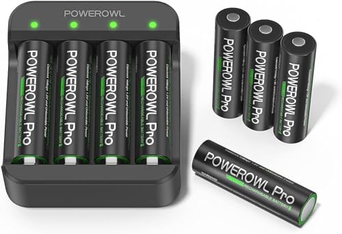 POWEROWL Batteria al litio AA con caricabatterie, 3000 mWh 1,5 V, tensione costante, batteria al litio AA, 8 pezzi, batterie AA ricaricabili (8 AA + caricabatterie)