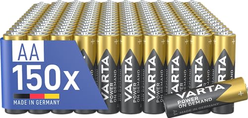 Varta Batterie AA, confezione da 150, pile Power on Demand, Alcaline, 1,5V, pacco di stoccaggio, per accessori computer, dispositivi Smart Home, Made in Germany [Esclusivo su Amazon]