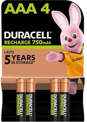 Duracell Batterie ricaricabili AAA (confezione da 4), 750 mAh NiMH, 1000 cicli, precaricate, lunga durata (la confezione può variare)