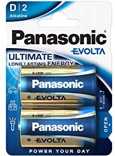 Panasonic batteries Batteria alcalina  EVOLTA Blister 2 D, LR20, confezione da 2, 1.5V, batteria premium con energia extra di lunga durata, batteria alcalina, blu