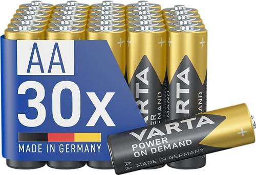 Varta Batterie AA, confezione da 30, pile Power on Demand, Alcaline, 1,5V, pacco di stoccaggio, per accessori computer, dispositivi Smart Home, Made in Germany [Esclusivo su Amazon]