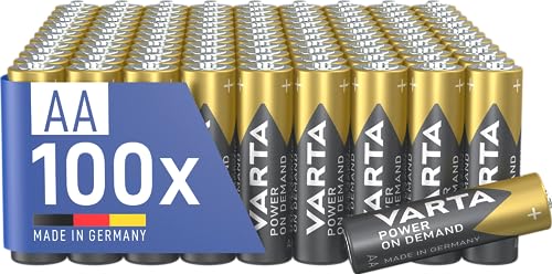 Varta Pile AA, confezione da 100, Power on Demand, Alcaline, 1,5V, confezione in imballaggio ecologico, per accessori computer, dispositivi Smart Home, Made in Germany [Esclusivo su Amazon]