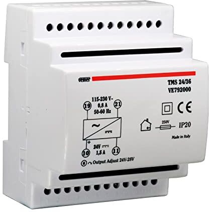 VEMER VE792000 TMS 24/36 Alimentatore 24V Switching Stabilizzato, Trasformatore con Installazione su Barra DIN, Tensione di Uscita 24 Vdc, Potenza 36 W, Bianco