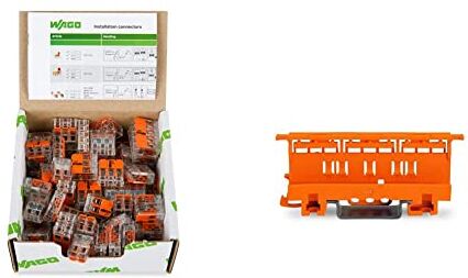 WAGO 221 Set di morsetti di collegamento con leva 221-412, 221-413, 221-415 & Adattatore di fissaggio serie 221 – 4 mm², per montaggio su TS 35, arancione, 221 – 500