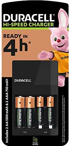 Duracell Caricabatterie da 4 Ore, con incluse batterie ricaricabili, 2 AA + 2 AAA