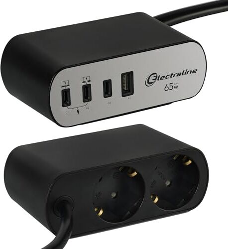 Electraline Multipresa Scrivania Electradock 2 Prese Schuko + 1 USB-A + 3 USB C 65W Power Delivery, Cavo H05VV-F 3G1.5 lunghezza 2M