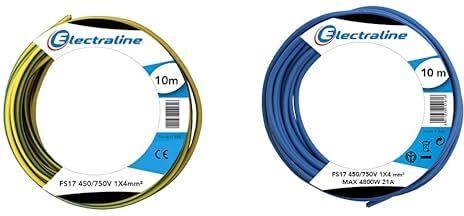 Electraline 13241 Cavo Unipolare FS17, 10 mt, sezione 1x4 mm² adatto per cablaggi di quadri elettrici +  13231 Cavo Unipolare FS17, Sezione 1 x 4 mm², Blu, 10 m