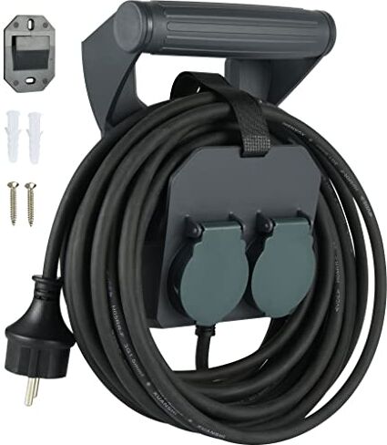 Electraline Prolunga elttrica Professionale 10M, IP44, 2 prese Schuko con tappi a chiusura automatica, Maniglia ergonomica con Avvolgi Prolunga, Avvolgicavo, Cavo H05RR-F 3G1.5 IP44, Nero