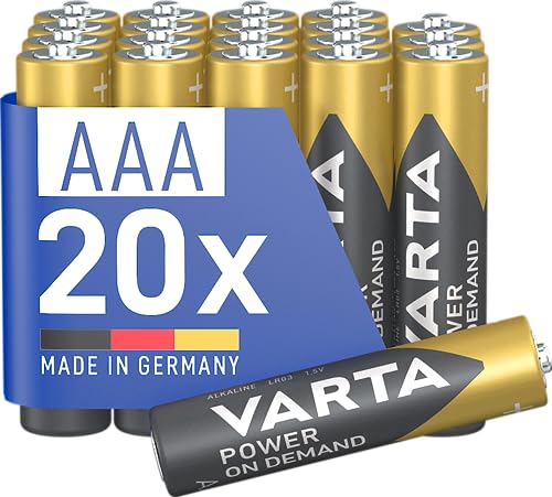 Varta Batterie AAA, confezione da 20, pile Power on Demand, Alcaline, 1,5V, pacco di stoccaggio, per accessori computer, dispositivi Smart Home, Made in Germany [Esclusivo su Amazon]