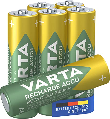 Varta Pile Ricaricabile Stilo AA Gamma Recycled 56816101406, Realizzate con 11% di Materiale Riciclato, Ni-MH, Batterie Precaricate e Pronte per l'Uso, 2100 mAh, Confezione da 6 Pezzi