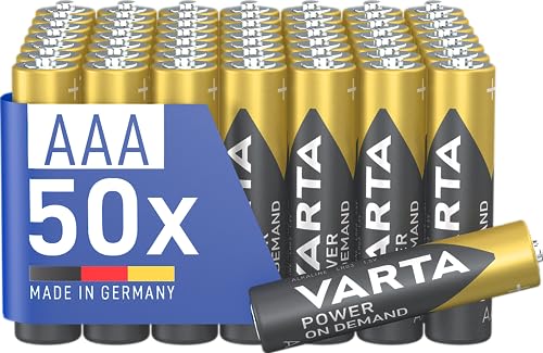 Varta Batterie AAA, confezione da 50, pile Power on Demand, Alcaline, 1,5V, pacco di stoccaggio, per accessori computer, dispositivi Smart Home, Made in Germany [Esclusivo su Amazon]