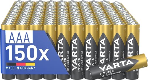 Varta Batterie AAA, confezione da 150, pile Power on Demand, Alcaline, 1,5V, pacco di stoccaggio, per accessori computer, dispositivi Smart Home, Made in Germany [Esclusivo su Amazon]