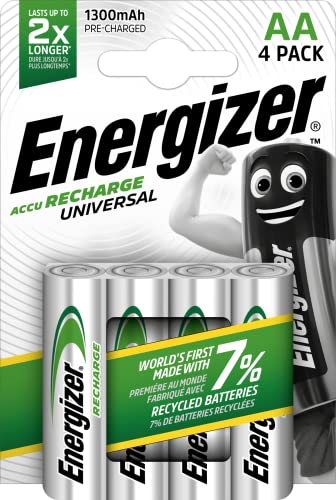 Energizer Batterie Ricaricabili AA, Recharge Universal, Confezione da 4, Argento