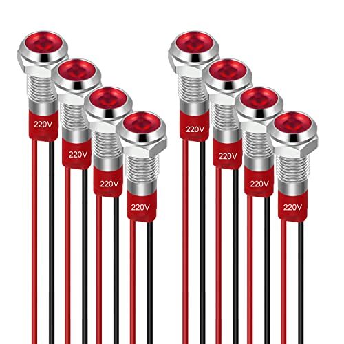 Guuzi 8pcs 6mm Indicatore LED 220-230V Indicatore Luminoso Impermeabile Pannello in Metallo Indicatore LED Indicatore Luminoso Montaggio a Pannello Testa Piatta con Fili Guscio Argento (Rosso)