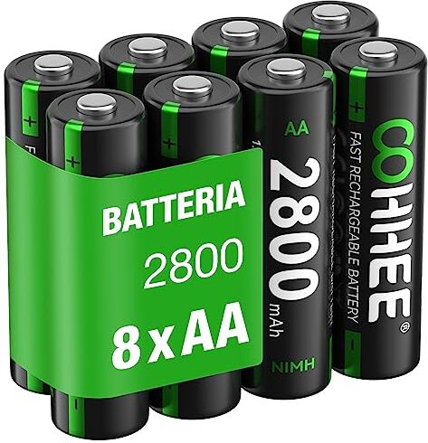 OOHHEE 8 x AA Batterie Ricaricabili, Ni-MH 2800mAh Batterie AA Alta Capacità, 1200 Tech Ni-MH Batterie, Bassa Autoscarica 1.2V AA, con 2 x Scatola di Protezione Della Batteria