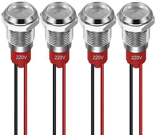 Guuzi 4pcs 10mm Indicatore LED 220-230V Indicatore Luminoso Impermeabile Pannello in Metallo Indicatore LED Indicatore Luminoso Montaggio a Pannello Testa Piatta con Fili Guscio Argento (Bianco)