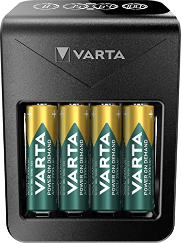 Varta Caricabatterie incl. 4X AA 2100mAh ricaricabili, caricatore batterie per AA/AAA/9V & dispositivi USB, Power on Demand LCD Charger+, carica a uno slot [Esclusivo su Amazon]