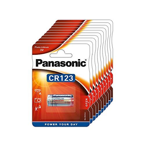 Panasonic CR123 batteria al litio cilindrica per dispositivi leggeri con elevato fabbisogno energetico come rilevatori di fumo, sistemi di allarme, proiettori, telecamere, 3V, 10 confezioni (10 pezzi)