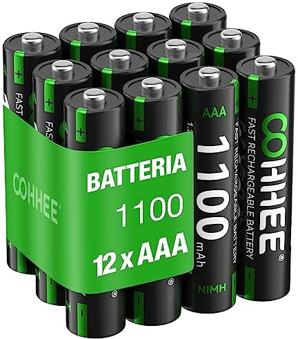 OOHHEE Batterie AAA Ricaricabili 12 Pezzi, 1200 Tech AAA Batterie, Ni-MH 1100mAh AAA Batteria, Bassa autoscarica 1.2V AAA Batteria, con 3 x Scatole di Protezione Batteria