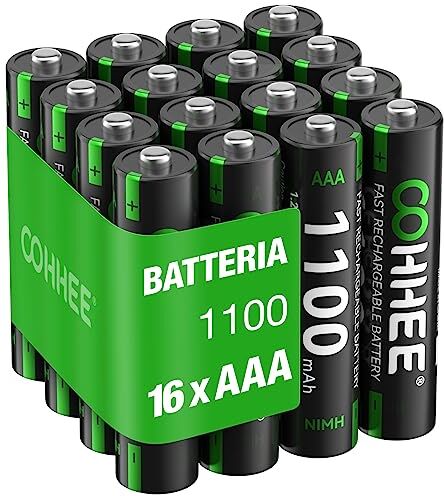 OOHHEE Batterie AAA Ricaricabili 16 Pezzi, 1200 Tech AAA Batterie, Ni-MH 1100mAh AAA Batteria, Bassa autoscarica 1.2V AAA Batteria, con 4 x Scatole di Protezione Batteria