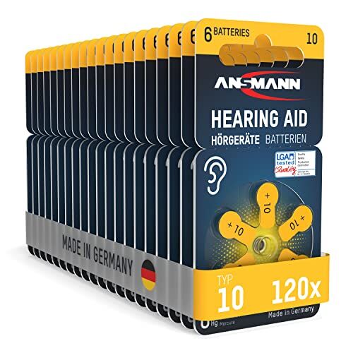 Ansmann AG  Batterie per apparecchi acustici, 10 (giallo, 120 pezzi) tipo 10 P10 PR70 ZL4 – ZZinco aria 1,4 V – Batteria per apparecchi acustici, amplificatori, accolpi, 10 – giallo