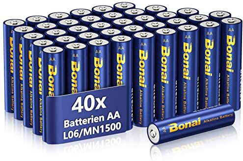 BONAI Longlife Batterie AA, (Pack of 40) Pile AA Stilo Alcaline 1,5V ad Alta Capacità Batteria LR6 Lunga Durata di 10 Anni MN1500, Imballaggio Ecologico, per Giocattoli, Dispositivi di Domotica