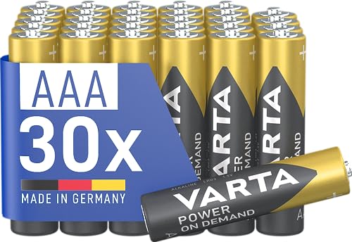 Varta Batterie AAA, confezione da 30, pile Power on Demand, Alcaline, 1,5V, pacco di stoccaggio, per accessori computer, dispositivi Smart Home, Made in Germany [Esclusivo su Amazon]