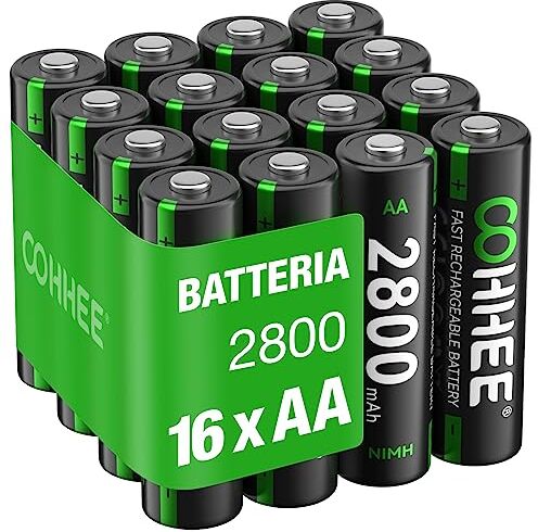 OOHHEE Batterie AA Ricaricabili 16 Pezzi, 1200 Tech AA Batterie, Ni-MH 2800mAh AA Batteria, Bassa autoscarica 1.2V AA Batteria, con 4 x Scatole di Protezione Batteria