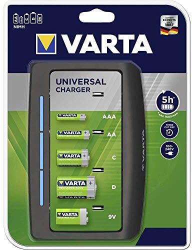 Varta , Caricabatterie Universal, indicatore di ricarica LED, arresto di sicurezza, design di Carica 2 o 4 batterie AA, AAA, C, D o 1x 9V, smontato