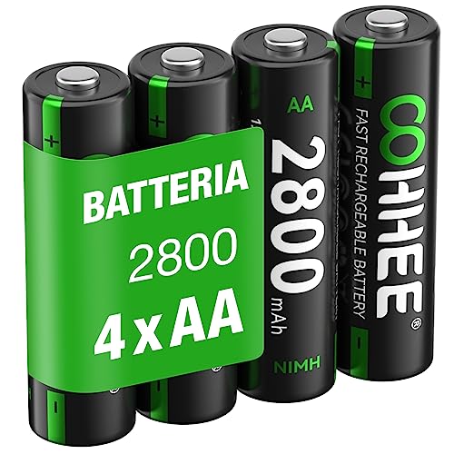 OOHHEE 4 x AA Batterie Ricaricabili, Ni-MH 2800mAh Batterie AA Alta Capacità, 1200 Tech Ni-MH Batterie, Bassa Autoscarica 1.2V AA, con Scatola di Protezione Della Batteria