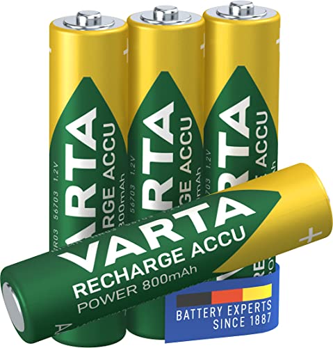 Varta Batterie ricaricabili AAA Rechargeable Ready2Use precaricata Micro Ni-Mh (pacco da 4, 800mAh), ricaricabile senza effetto Memory pronta all'uso