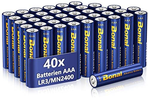 BONAI Longlife Batterie AAA, (Pack of 40) Pile Ministilo AAA Stilo Alcaline 1,5V ad Alta Capacità Batteria LR3 Lunga Durata di 10 Anni, Imballaggio Ecologico, per Giocattoli, Dispositivi di Domotica