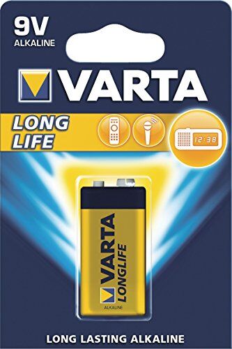 Varta Longlife blocco da 9V Batterie 6LR61 (pacco da 1) Batteria alcaline blocco E Made in Germany Ideali per rilevatori antincendio, rilevatori di fumo, accordatori