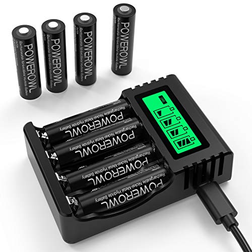 POWEROWL Batterie Ricaricabili AA con Caricabatterie Avanzato a Cella Singola(Ricarica Rapida USB), Pile Ricaricabili AA 2800mAh 1,2V NiMH 8 Conteggi