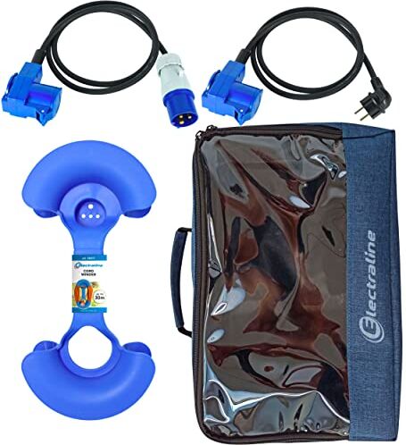 Electraline Set Campeggio IP44 con Prolunga/Adattatore 1,5M (Doppia presa Schuko+CEE, Spina CEE), Cordone 1,5M (Doppia presa, Spina Schuko), Avvolgiprolunghe con Maniglia, Box Organizer