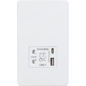 Knightsbridge Presa rasoio senza viti con doppia USB A+C (5V DC 2.4A condiviso) bianco opaco Knightsbridge Presa rasoio senza viti con doppia USB A+C (5V DC 2.4A condiviso) bianco opaco
