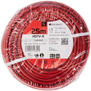 Zenitech Cavo di Alimentazione Elettrica H07V-R 6 mm² Conduttore Monofilare con Isolante in PVC Uso Interno Collegamenti Residenziali Tensione Fino a 700V 25 m Rosso Zenitech Cavo di Alimentazione Elettrica H07V-R 6 mm² Conduttore Monofilare con Isolante in PVC Uso Interno Collegamenti Residenziali Tensione Fino a 700V 25 m Rosso