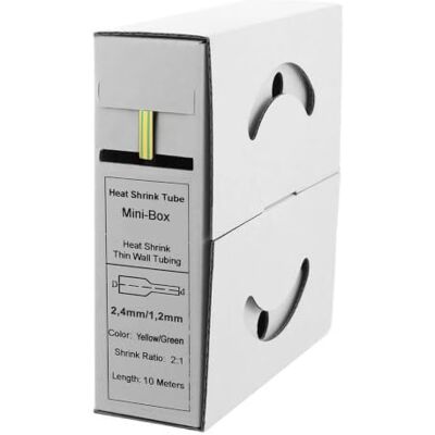 Offgridtec Tubo termoretraibile da 10 m, 2,4 mm > 1,2 mm, giallo/verde, scatola dispenser per auto 2:1 Offgridtec Tubo termoretraibile da 10 m, 2,4 mm > 1,2 mm, giallo/verde, scatola dispenser per auto 2:1