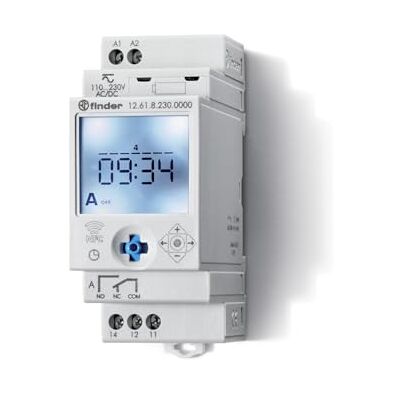 Finder Interruttore Orario Digitale NFC Settimanale Tipo 12.61. Dotato di 1 contatto di scambio 16 A. Con display LCD. Modalità di programmazione classica/smart Finder Interruttore Orario Digitale NFC Settimanale Tipo 12.61. Dotato di 1 contatto di scambio 16 A. Con display LCD. Modalità di programmazione classica/smart