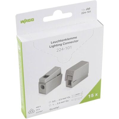 WAGO Morsetto per lampada 224 – 101/995 – 015. Sezione nominale: 2,5 mm², per conduttori a filo singolo e fine, 15 pezzi, lato lampada adatto per tutti i tipi di conduttori, per temperatura ambiente WAGO Morsetto per lampada 224 – 101/995 – 015. Sezione nominale: 2,5 mm², per conduttori a filo singolo e fine, 15 pezzi, lato lampada adatto per tutti i tipi di conduttori, per temperatura ambiente
