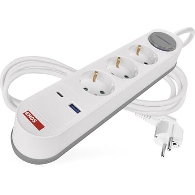 EMOS Ciabatta elettrica a 3 prese con ricarica rapida USB, cavo da 2 m, presa multipla con interruttore per interni, adatta per montaggio a parete, 3 prese, 1 USB C, 1 USB A, bianco EMOS Ciabatta elettrica a 3 prese con ricarica rapida USB, cavo da 2 m, presa multipla con interruttore per interni, adatta per montaggio a parete, 3 prese, 1 USB C, 1 USB A, bianco