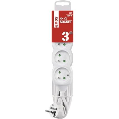 EMOS Ciabatta elettrica a 4 prese da 3 m, 4 prese francesi ruotate a 45°, 250 V, 16 A, 3680 W, isolamento in PVC di alta qualità, H05VV-F3G 1,5 mm2, maggiore protezione da contatto, IP20 per interni EMOS Ciabatta elettrica a 4 prese da 3 m, 4 prese francesi ruotate a 45°, 250 V, 16 A, 3680 W, isolamento in PVC di alta qualità, H05VV-F3G 1,5 mm2, maggiore protezione da contatto, IP20 per interni
