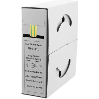 Offgridtec Tubo termoretraibile da 5 m, 6,4 mm > 3,2 mm, giallo/verde, scatola dispenser per auto 2:1 Offgridtec Tubo termoretraibile da 5 m, 6,4 mm > 3,2 mm, giallo/verde, scatola dispenser per auto 2:1