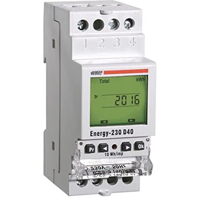 VEMER ENERGY-230 D40 Contatore Energia Elettrica Attiva Monofase Prelevata e Immessa, Misuratore di Consumo Elettrico Digitale con Display LCD, Installazione Barra DIN, Bianco VEMER ENERGY-230 D40 Contatore Energia Elettrica Attiva Monofase Prelevata e Immessa, Misuratore di Consumo Elettrico Digitale con Display LCD, Installazione Barra DIN, Bianco