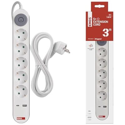 EMOS Ciabatta elettrica a 5 prese con ricarica USB, presa multipla con interruttore per interni, adatta a parete, 5 prese, 1 USB C, 1 cavo USB A, 3 m, colore: bianco/grigio EMOS Ciabatta elettrica a 5 prese con ricarica USB, presa multipla con interruttore per interni, adatta a parete, 5 prese, 1 USB C, 1 cavo USB A, 3 m, colore: bianco/grigio