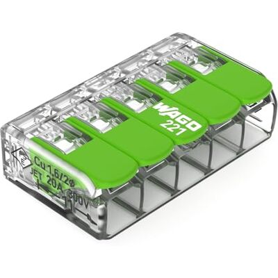 WAGO Green Range 221-423 Morsetto a 5 conduttori, fino a 4 mm², morsetti di collegamento a 5 poli con leva, per tutti i tipi di conduttori, 8 pezzi WAGO Green Range 221-423 Morsetto a 5 conduttori, fino a 4 mm², morsetti di collegamento a 5 poli con leva, per tutti i tipi di conduttori, 8 pezzi