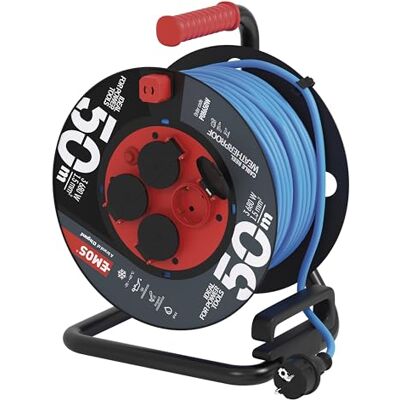 EMOS P08650W - Bobina di cavo impermeabile - 50m, 4 prese, Blu EMOS P08650W - Bobina di cavo impermeabile - 50m, 4 prese, Blu