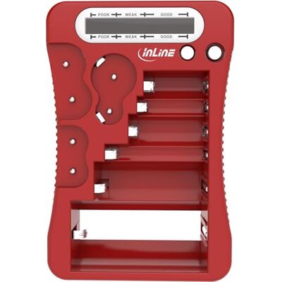 InLine Tester per batterie con display LCD, compatto, adatto per AA, AAA, C, D, 9 V, CR123A, pile a bottone, CR-V3, 2CR5, utilizzabile senza connettore di alimentazione, rosso, InLine Tester per batterie con display LCD, compatto, adatto per AA, AAA, C, D, 9 V, CR123A, pile a bottone, CR-V3, 2CR5, utilizzabile senza connettore di alimentazione, rosso,
