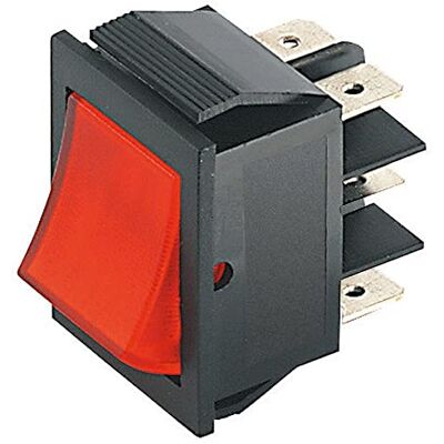 ELCART Deviatore bipolare a bilanciere DPDT bipolare ON-ON con tasto rosso e con terminali faston 6,35mm, foro di montaggio 31x22,7mm, 250V 15A ELCART Deviatore bipolare a bilanciere DPDT bipolare ON-ON con tasto rosso e con terminali faston 6,35mm, foro di montaggio 31x22,7mm, 250V 15A